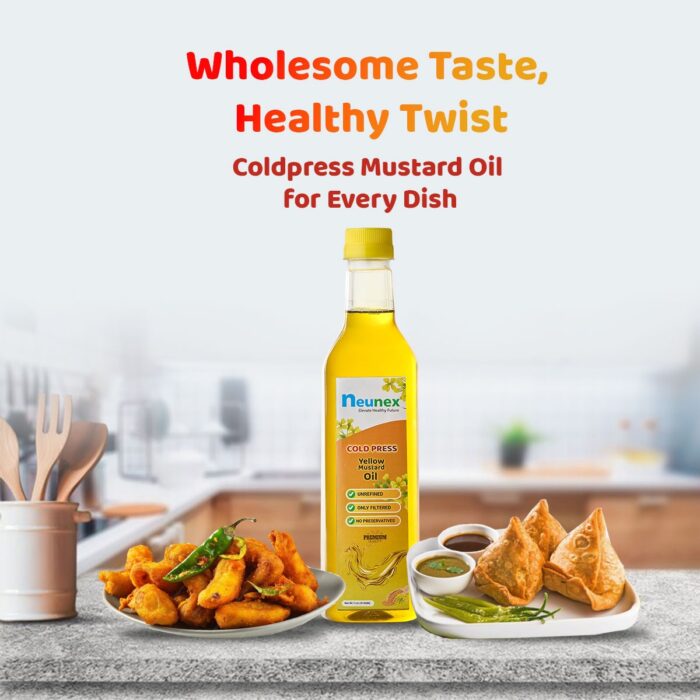 Neunex mustard oil bottle, side view