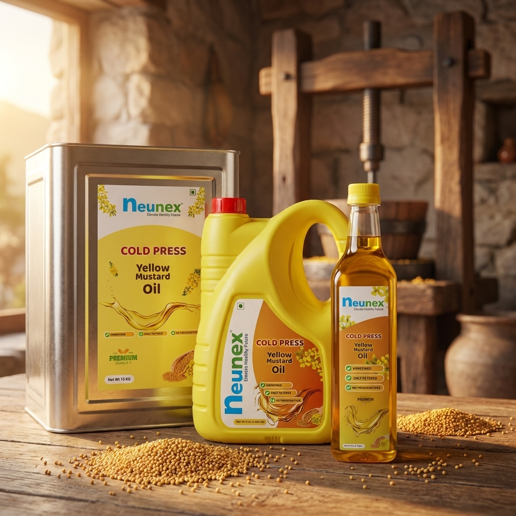 Cold pressed unrefined yellow mustard oil bottles in 1L, 5L, and 15L sizes by Neunex